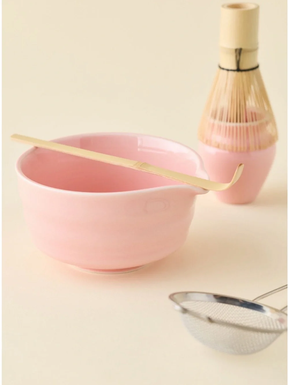 Pink Ceramic Matcha Bowl and Holder Set (with Strainer, Bamboo Whisk and Scoop)